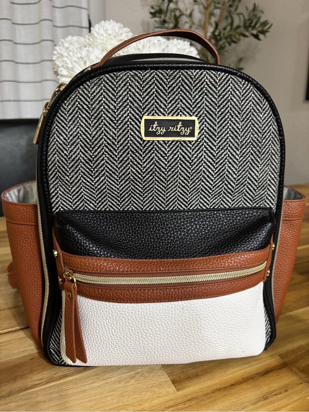 Itzy Ritzy Black, White & Brown Colorblock Mini Backpack